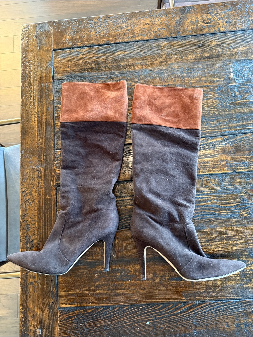 kate spade Two-Tone Brown Suede Knee-High Heeled Boots